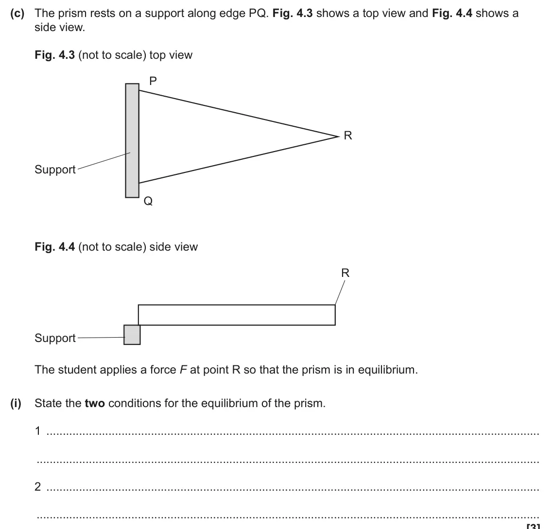 June 2024 AS Paper 2, question 4(c)(i): State the two conditions for the equilibrium of the prism. 1 2 [3]