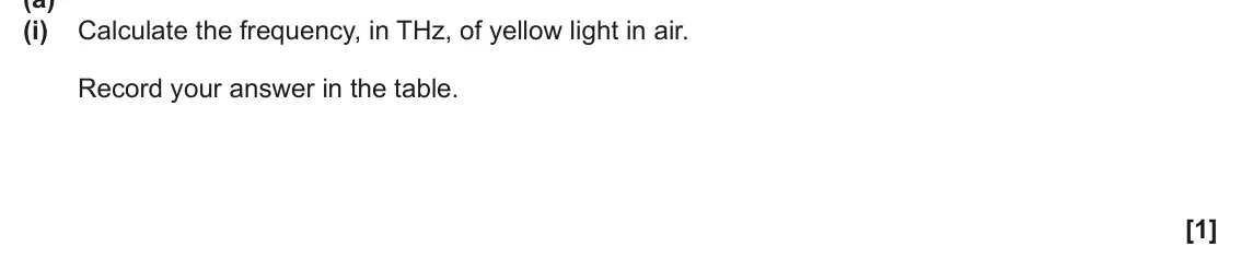June 2024 AS Paper 2, question 5(a)(i): Calculate the frequency, in THz, of yellow light in air. Record your answer in the table. [1]