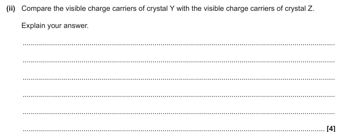 June 2025 AS Paper 2, question 3(a)(ii): Compare the visible charge carriers of crystal Y with the visible charge carriers of crystal Z. Explain your answer. [4]