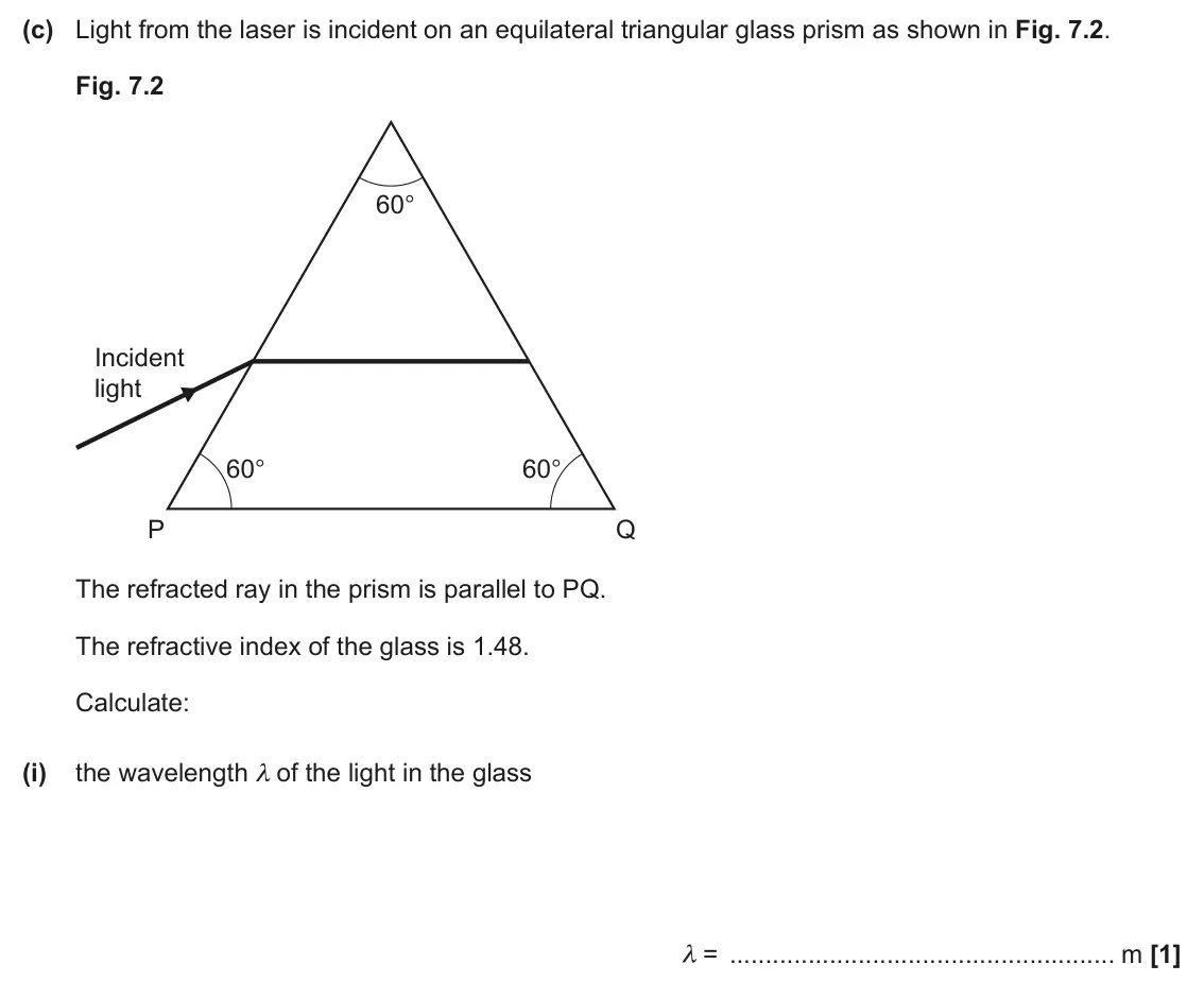 June 2025 AS Paper 2, question 7(c)(i): the wavelength λ of the light in the glass λ = m [1]