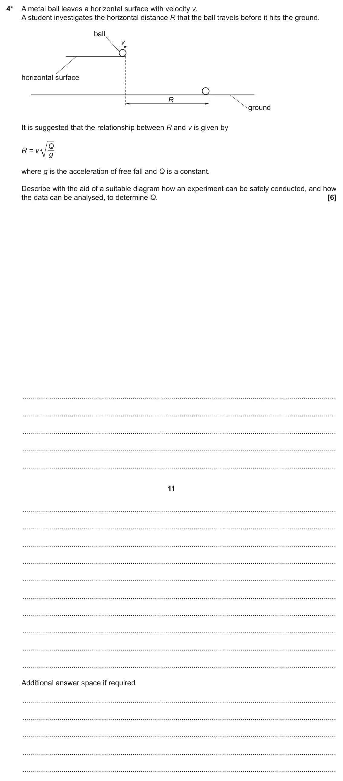 November 2020 AS Paper 2, question 4: 4* A metal ball leaves a horizontal surface with velocity v. A student investigates the horizontal distance R that the ball travels before it hits the ground. b