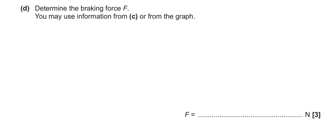 November 2020 AS Paper 2, question 5(d): Determine the braking force F. You may use information from (c) or from the graph. F = N [3]