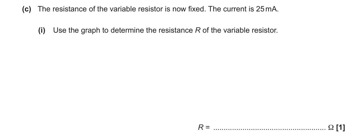 November 2021 AS Paper 2, question 5(c)(i): Use the graph to determine the resistance R of the variable resistor. R = Ω [1]