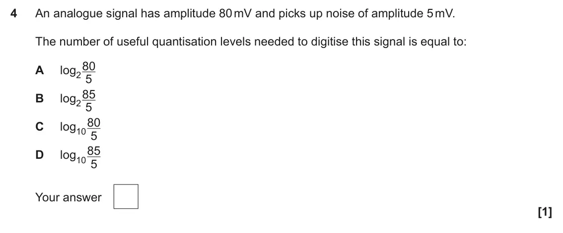 June 2025 AS Paper 1, question 4: An analogue signal has amplitude 80 mV and picks up noise of amplitude 5 mV. The number of useful quantisation levels needed to digitise this signal is equal to