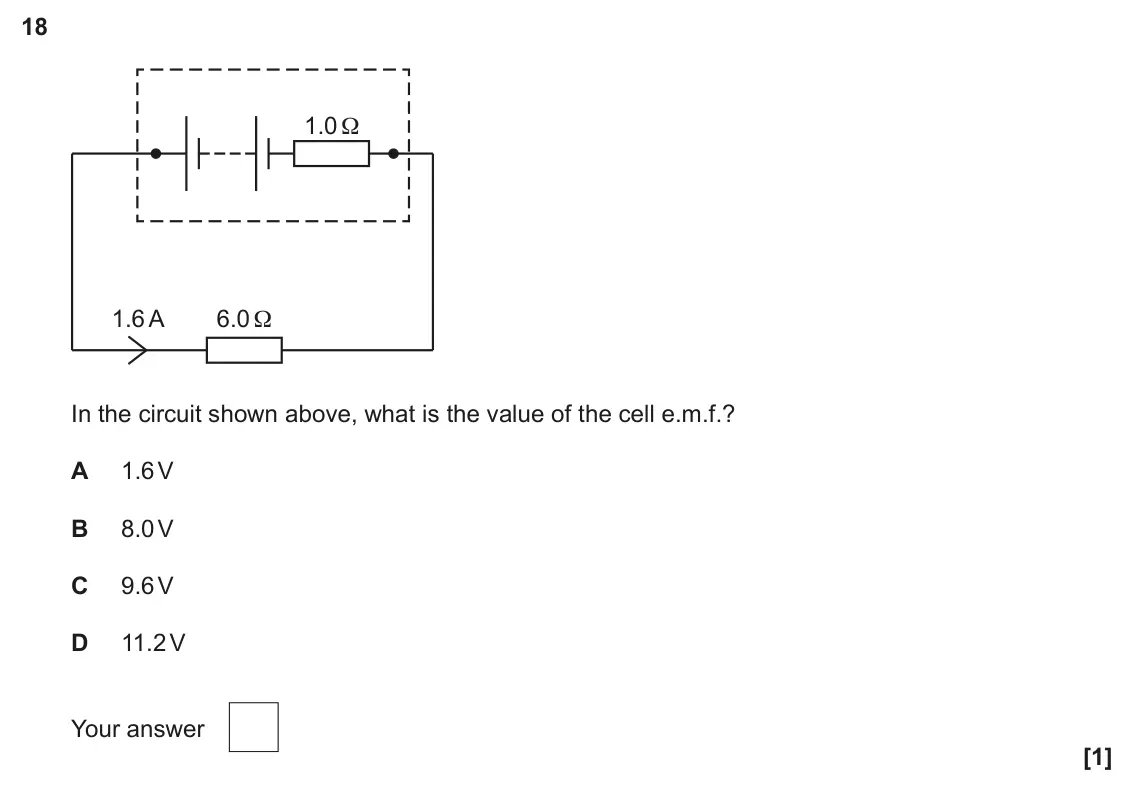 June 2025 AS Paper 1, question 18: 1.0 Ω 1.6 A 6.0 Ω In the circuit shown above, what is the value of the cell e.m.f.? A 1.6 V B 8.0 V C 9.6 V D 11.2 V Your answer [1]