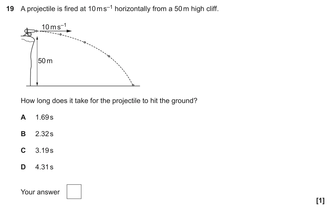 June 2025 AS Paper 1, question 19: A projectile is fired at 10 m s–1 horizontally from a 50 m high cliff. 10 m s–1 50 m How long does it take for the projectile to hit the ground? A 1.69 s B 2.32
