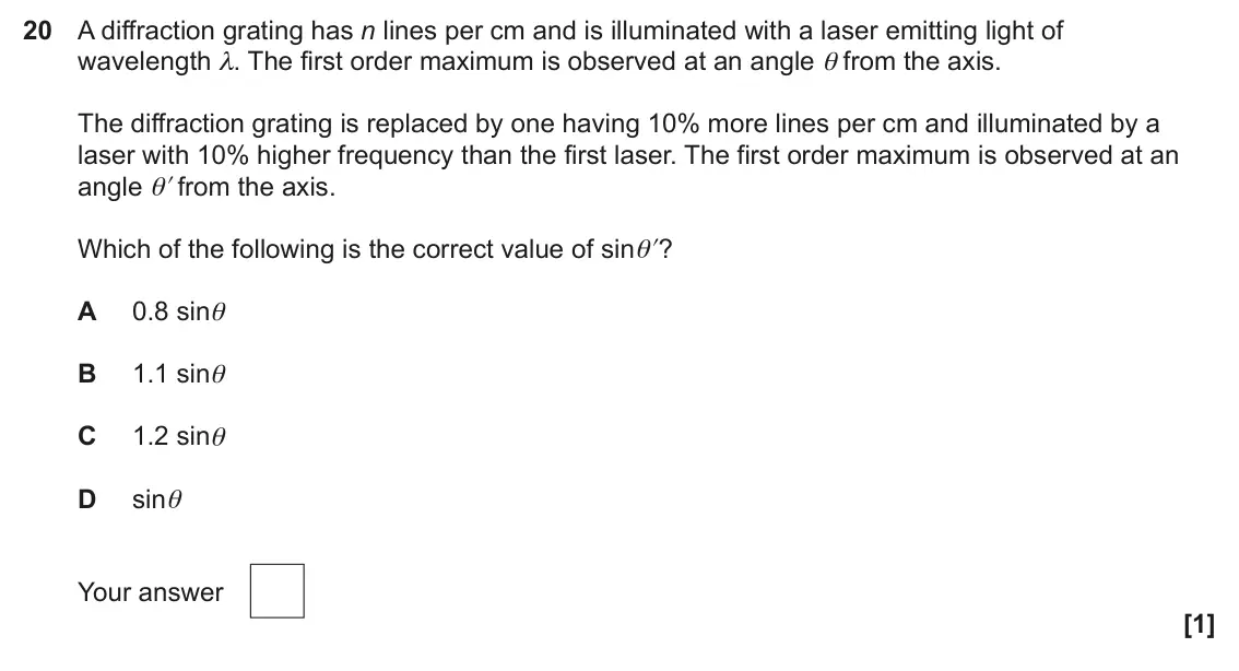 June 2025 AS Paper 1, question 20: A diffraction grating has n lines per cm and is illuminated with a laser emitting light of wavelength λ. The first order maximum is observed at an angle θ from
