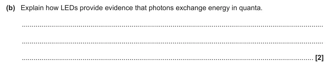 June 2025 AS Paper 1, question 25(b): Explain how LEDs provide evidence that photons exchange energy in quanta. [2]