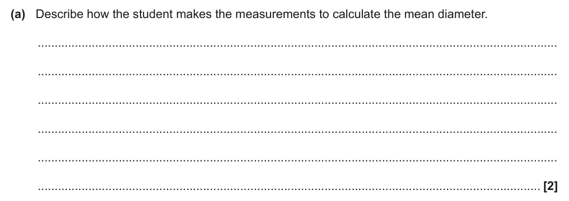 June 2025 AS Paper 2, question 3(a): Describe how the student makes the measurements to calculate the mean diameter. [2]