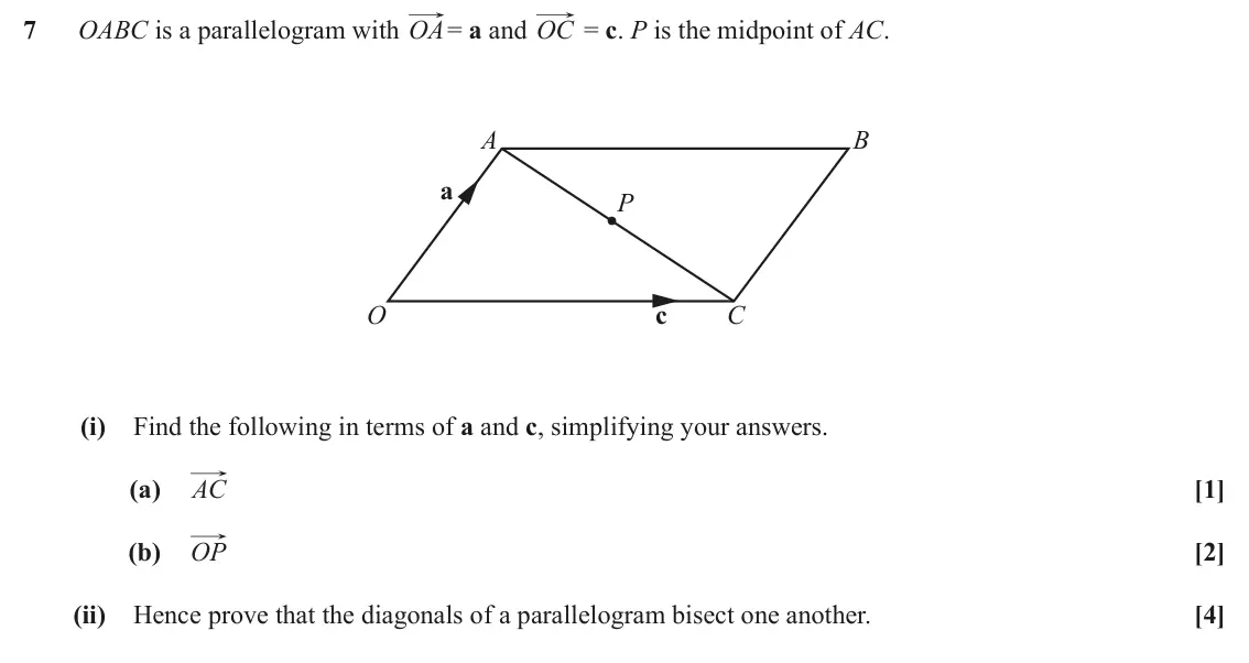 June 2018 AS Paper 1, question 7: OABC is a parallelogram with OA= a and OC = c. P is the midpoint of AC. A B a P O c C (i) Find the following in terms of a and c, simplifying your answers. (a) 