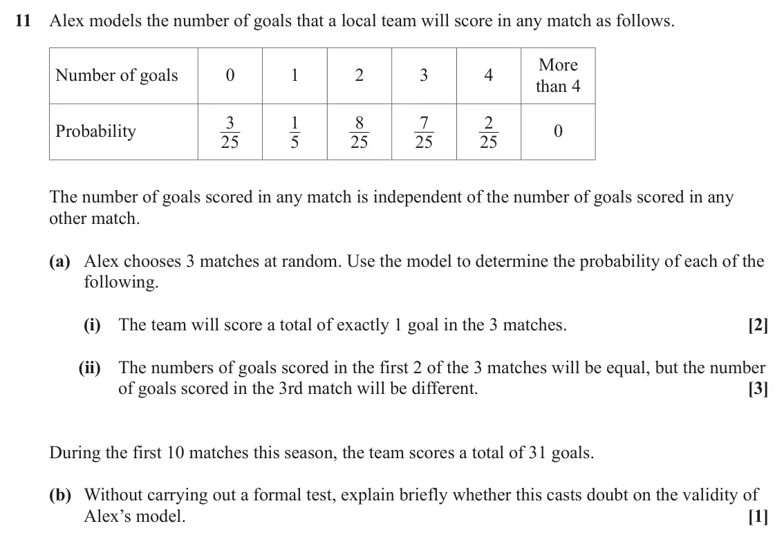 June 2022 AS Paper 1, question 11: Alex models the number of goals that a local team will score in any match as follows. More Number of goals 0 1 2 3 4 than 4 3 1 8 7 2 Probability 0 25 5 25 25 2