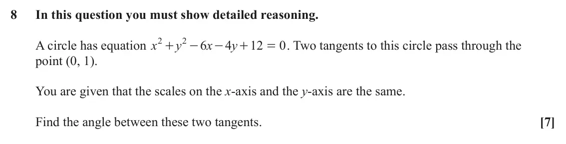 June 2023 AS Paper 1, question 8: In this question you must show detailed reasoning. 2 2 A circle has equation x y 6 x 4 y 12 0 . Two tangents to this circle pass through the + - - + = point (0,