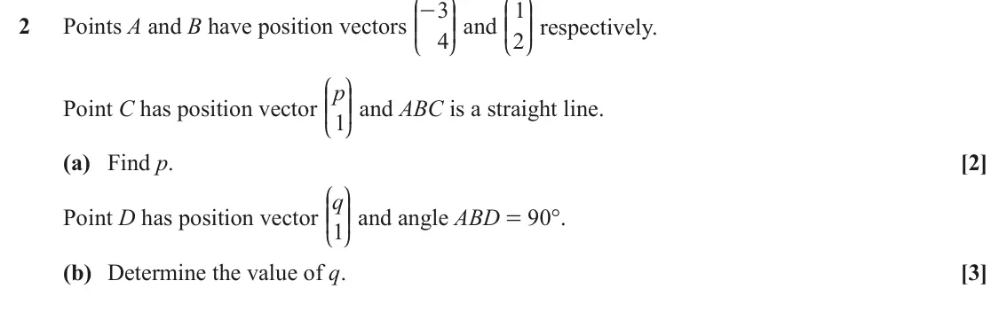 November 2020 AS Paper 1, question 2: J N J N 3 OO and 1 - KK KK OO respectively. 2 Points A and B have position vectors 4 2 L P L P J N Point C has position vector p KK OO and ABC is a straight lin