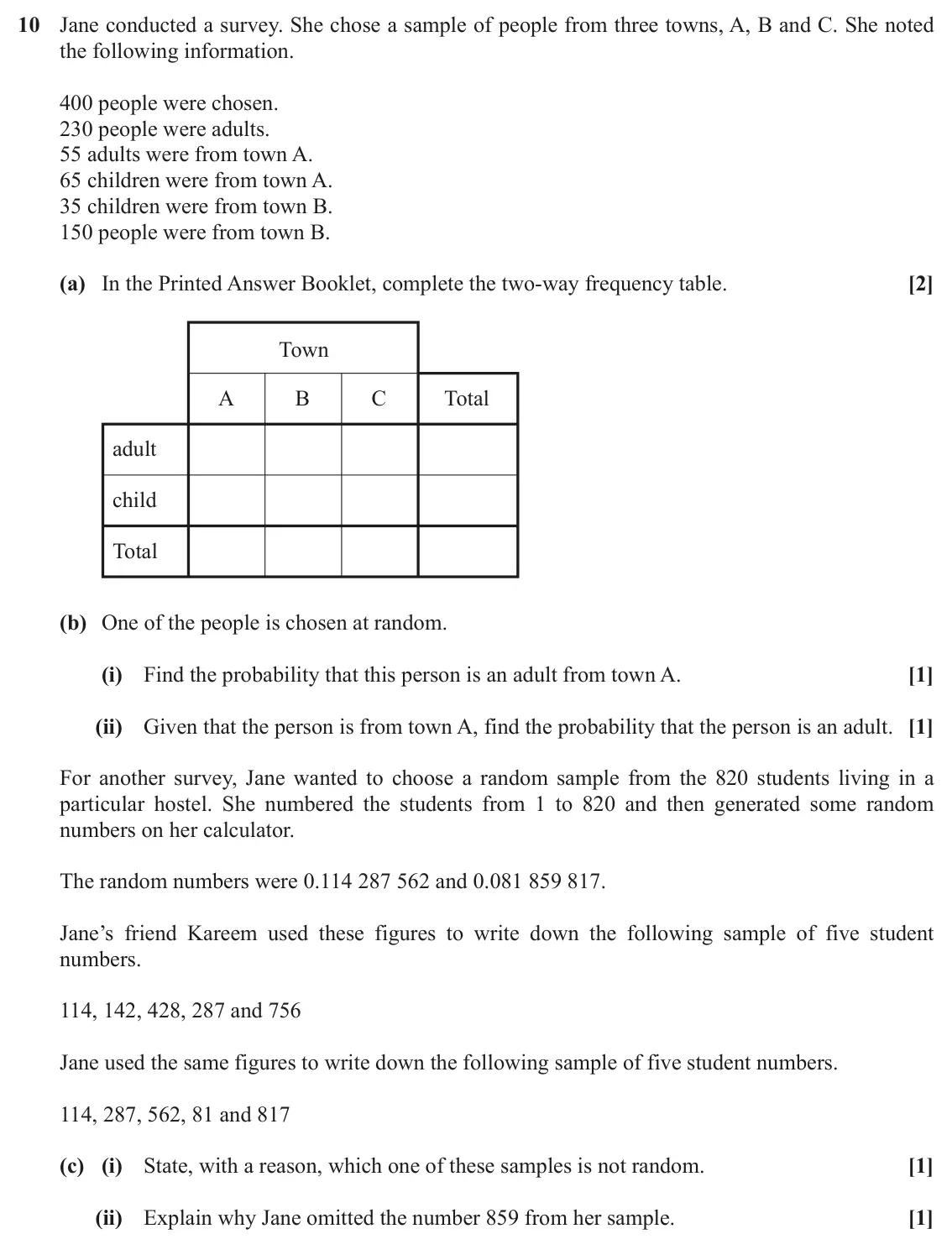 November 2021 AS Paper 1, question 10: Jane conducted a survey. She chose a sample of people from three towns, A, B and C. She noted the following information. 400 people were chosen. 230 people were