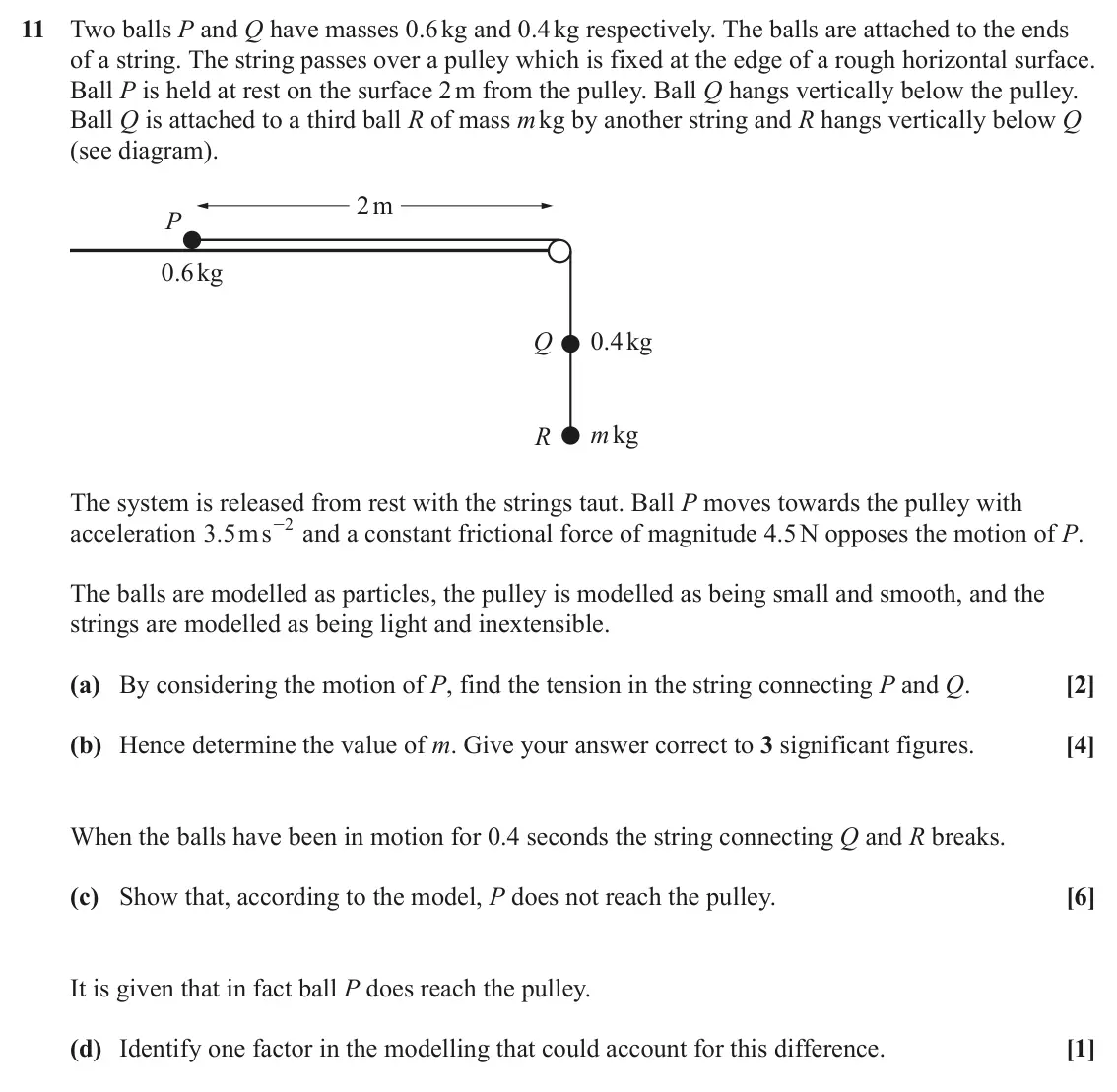 June 2023 AS Paper 2, question 11: Two balls P and Q have masses 0.6 kg and 0.4 kg respectively. The balls are attached to the ends of a string. The string passes over a pulley which is fixed at 