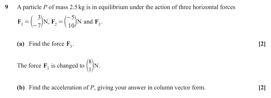 June 2024 AS Paper 2, question 9: A particle P of mass 2.5 kg is in equilibrium under the action of three horizontal forces c 3 m c 5 m = - F N , F N and F3. = - 7 10 1 2 (a) Find the force F3. 