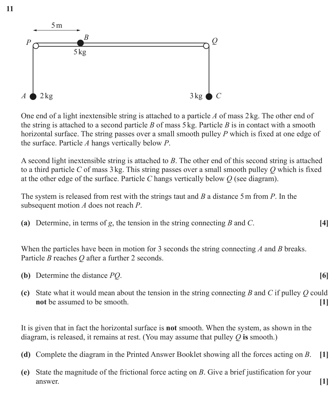 June 2025 AS Paper 2, question 11: 5m B Q P 5 kg A 2kg 3kg C One end of a light inextensible string is attached to a particle A of mass 2 kg. The other end of the string is attached to a second p