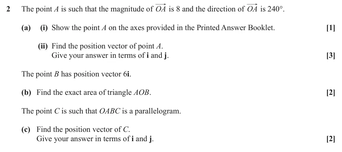 June 2019 Paper 1, question 2: The point A is such that the magnitude of OA is 8 and the direction of OA is 240°. (a) (i) Show the point A on the axes provided in the Printed Answer Booklet. 