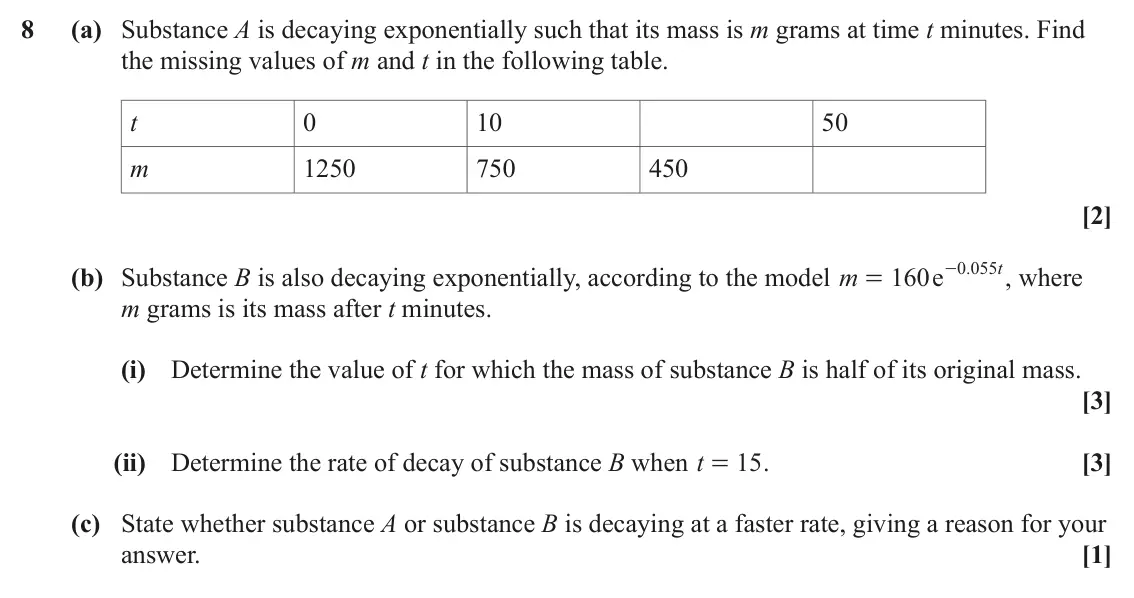 June 2022 Paper 1, question 8: (a) Substance A is decaying exponentially such that its mass is m grams at time t minutes. Find the missing values of m and t in the following table. t 0 10 50