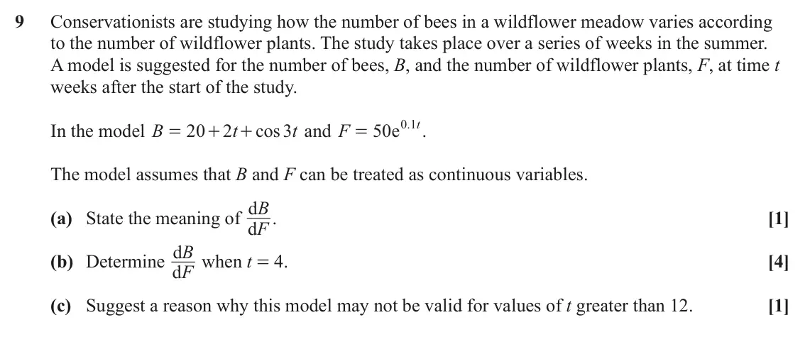 June 2023 Paper 1, question 9: Conservationists are studying how the number of bees in a wildflower meadow varies according to the number of wildflower plants. The study takes place over a se