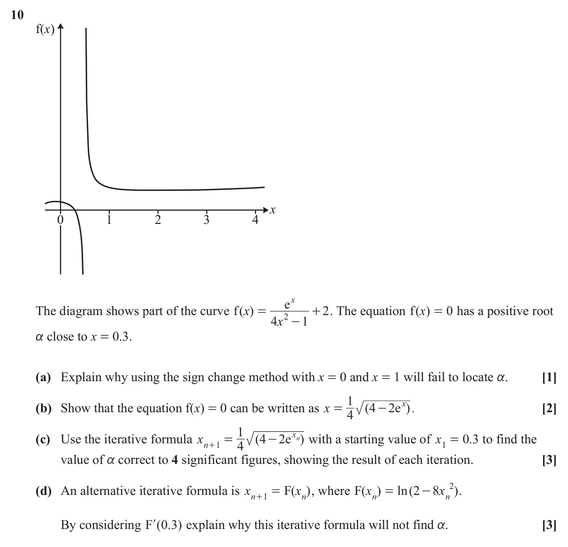 June 2023 Paper 1, question 10: f(x) x 0 1 2 3 4 ex The diagram shows part of the curve ( )x + . The equation ( )x f 2 f 0 has a positive root = = 2 4 x 1 - a close to x = 0.3. (a) Explain why