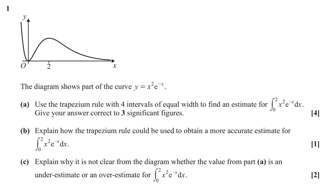 June 2024 Paper 1, question 1: y x O 2 - . x e x 2 The diagram shows part of the curve y = 2 y 2 – x (a) Use the trapezium rule with 4 intervals of equal width to find an estimate for x e d x