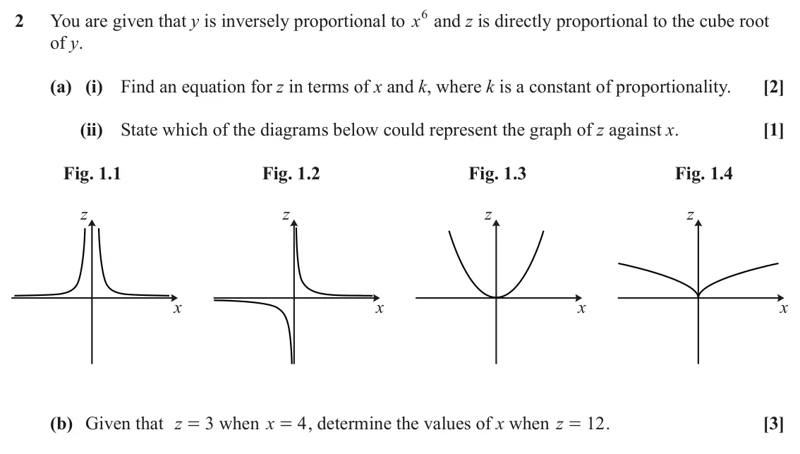 June 2024 Paper 1, question 2: You are given that y is inversely proportional to x6 and z is directly proportional to the cube root 2 of y. (a) (i) Find an equation for z in terms of x and k,