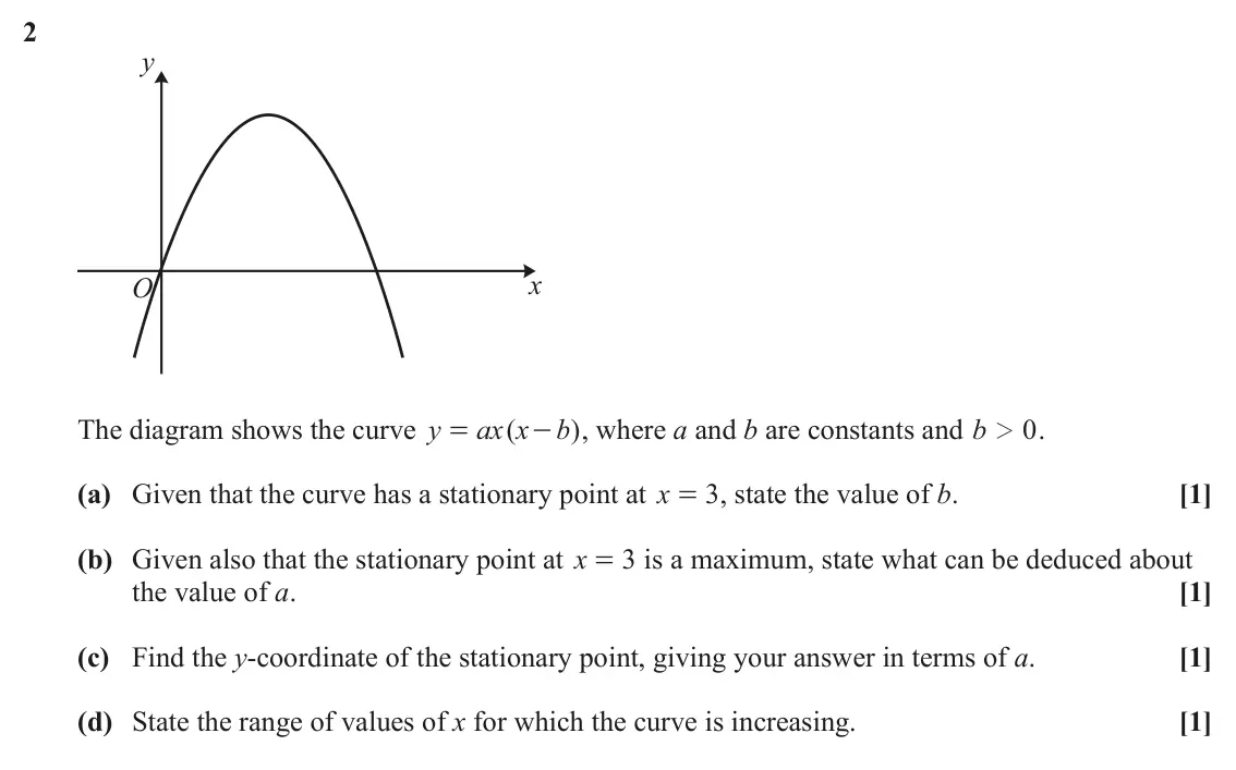 June 2025 Paper 1, question 2: y x O The diagram shows the curve y ax x ( b ) , where a and b are constants and b 0 . = - 2 (a) Given that the curve has a stationary point at x = , state the