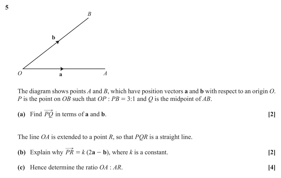 November 2020 Paper 1, question 5: B b O A a The diagram shows points A and B, which have position vectors a and b with respect to an origin O. P is the point on OB such that OP : PB = 3:1 and Q
