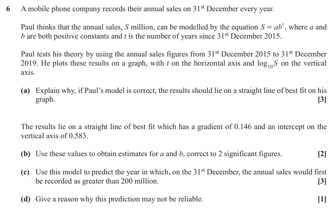 November 2020 Paper 1, question 6: A mobile phone company records their annual sales on 31st December every year. 6 t Paul thinks that the annual sales, S million, can be modelled by the equation