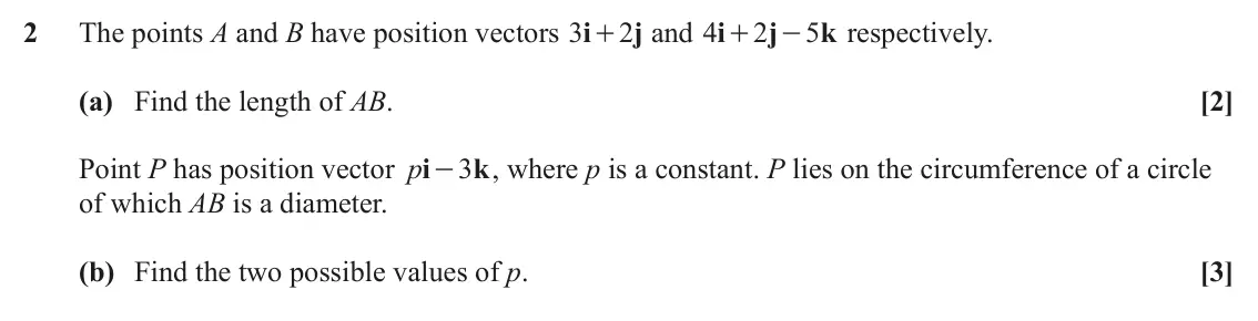 June 2022 Paper 2, question 2: The points A and B have position vectors i 3 2 j and i 4 2 j 5 k respectively. + + - (a) Find the length of AB. [2] Point P has position vector i p 3 k , where 