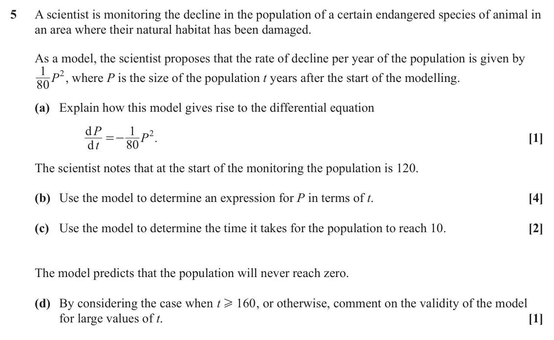 June 2024 Paper 2, question 5: A scientist is monitoring the decline in the population of a certain endangered species of animal in an area where their natural habitat has been damaged. As a 