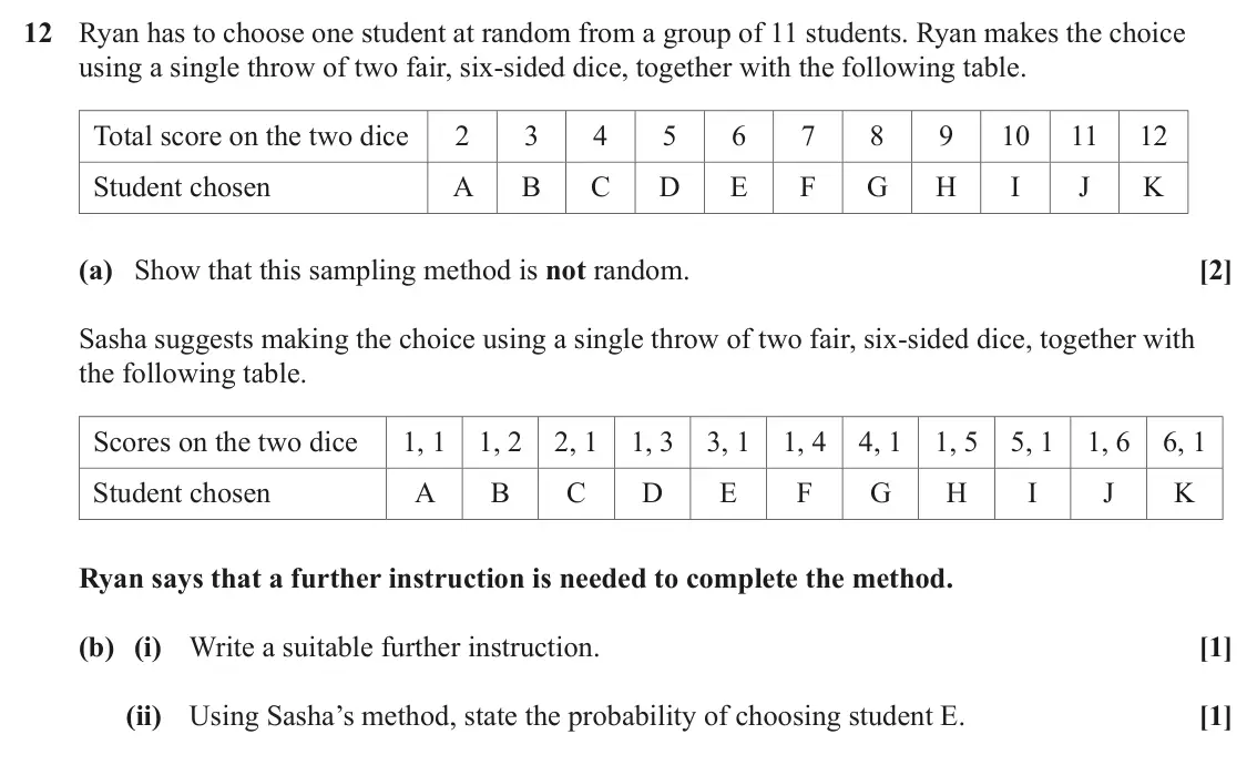 June 2024 Paper 2, question 12: Ryan has to choose one student at random from a group of 11 students. Ryan makes the choice using a single throw of two fair, six-sided dice, together with the 