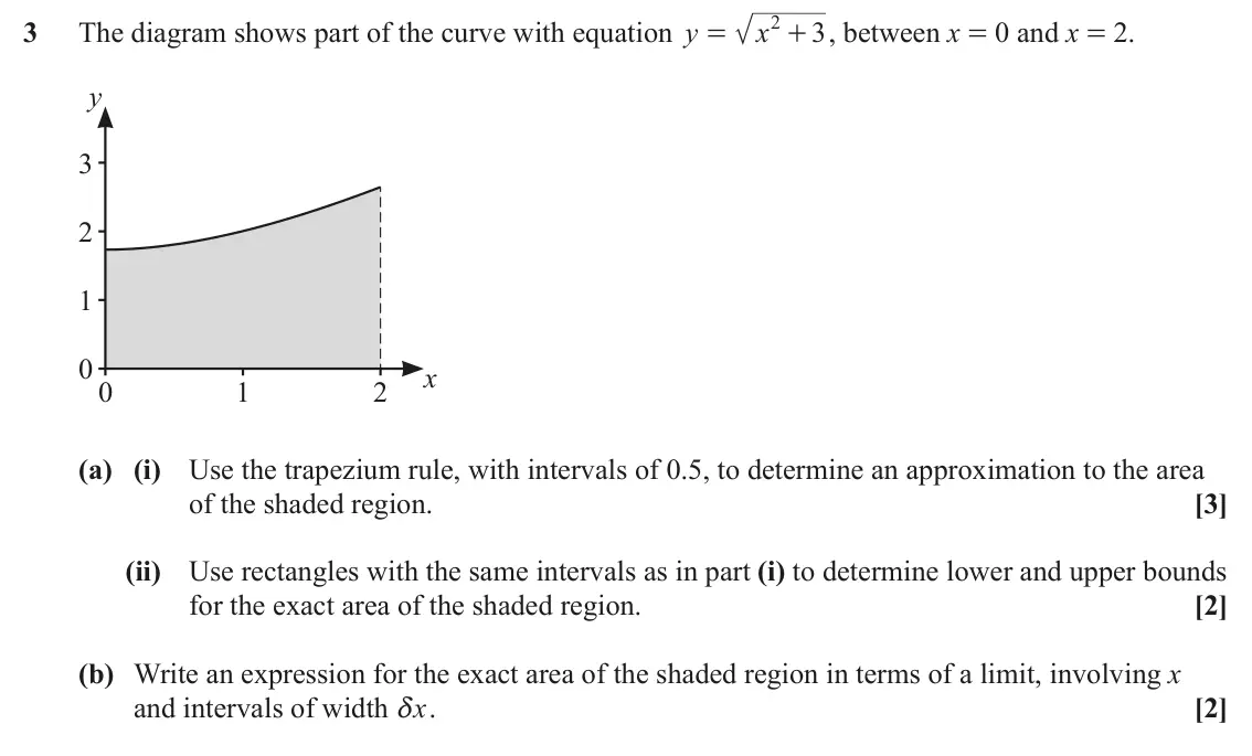 June 2025 Paper 2, question 3: 3 The diagram shows part of the curve with equation y x + , between x = 0 and x = 2. 3 = y 3 2 1 0 x 0 1 2 (a) (i) Use the trapezium rule, with intervals of 0.5