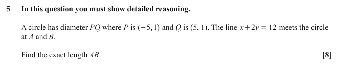 June 2025 Paper 2, question 5: In this question you must show detailed reasoning. A circle has diameter PQ where P is ( 5 1 , ) and Q is (5, 1). The line x 2 y 12 meets the circle - + = at A 
