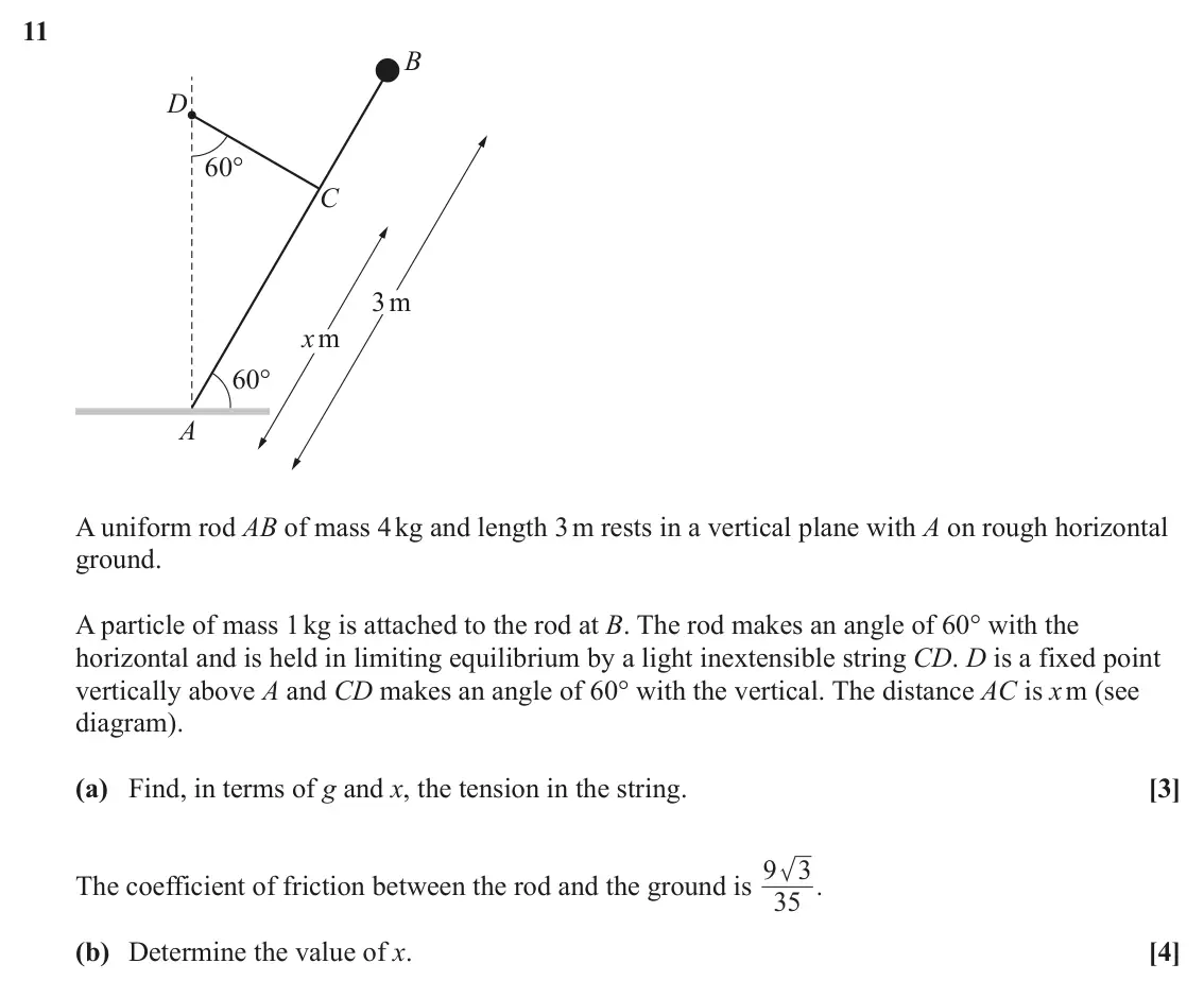 June 2022 Paper 3, question 11: B D 60° C 3 m xm 60° A A uniform rod AB of mass 4 kg and length 3 m rests in a vertical plane with A on rough horizontal ground. A particle of mass 1 kg is atta