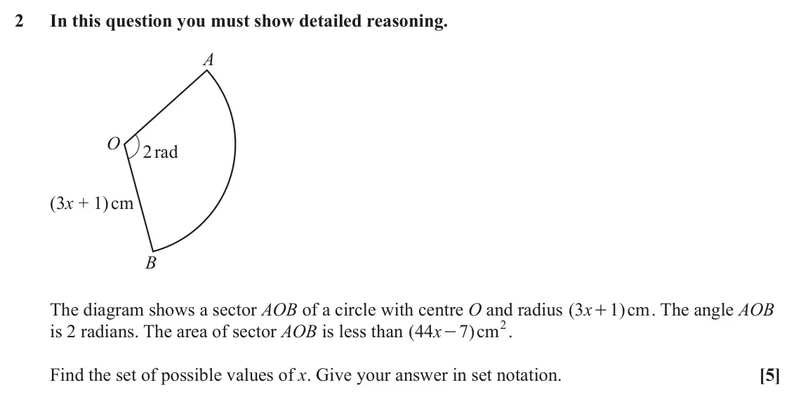 June 2024 Paper 3, question 2: In this question you must show detailed reasoning. A O 2rad (3x + 1) cm B The diagram shows a sector AOB of a circle with centre O and radius ( x . The angle AO