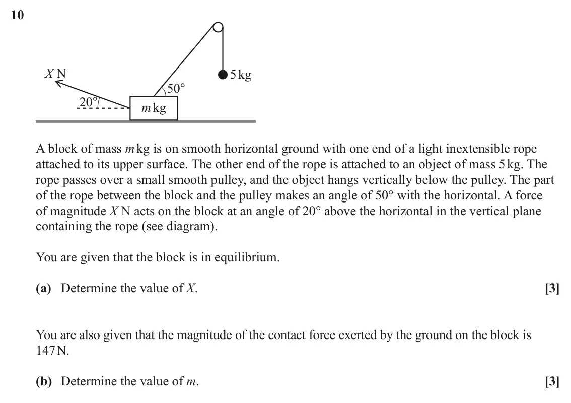 June 2024 Paper 3, question 10: X N 5kg 50° 20° m kg A block of mass m kg is on smooth horizontal ground with one end of a light inextensible rope attached to its upper surface. The other end 