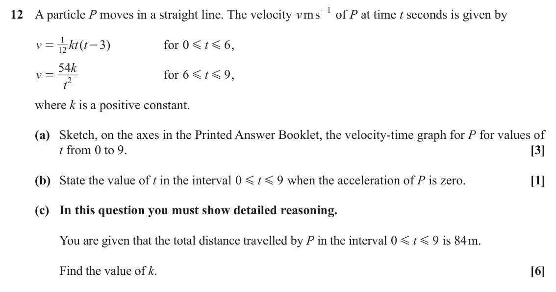 June 2024 Paper 3, question 12: 12 A particle P moves in a straight line. The velocity ms v - of P at time t seconds is given by 1 v kt t ( 3 ) for 0 t 6 , = - G G 12 k 54 v for 6 t 9 , = G G 