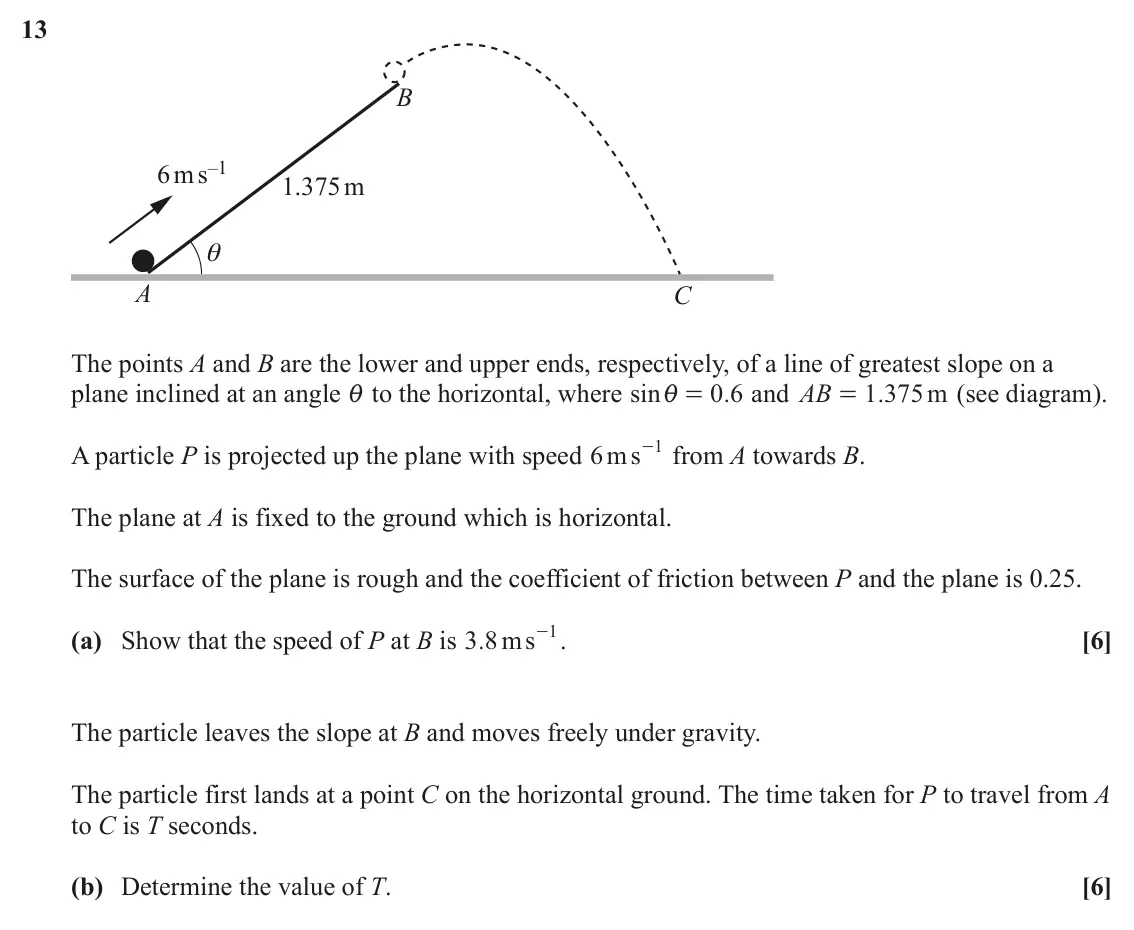 June 2024 Paper 3, question 13: B 6ms–1 1.375m θ A C The points A and B are the lower and upper ends, respectively, of a line of greatest slope on a plane inclined at an angle i to the horizon