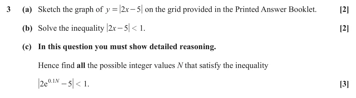 June 2025 Paper 3, question 3: (a) Sketch the graph of y x [2] 2 5 on the grid provided in the Printed Answer Booklet. = - (b) Solve the inequality x [2] 2 5 1 . - 1 (c) In this question you 