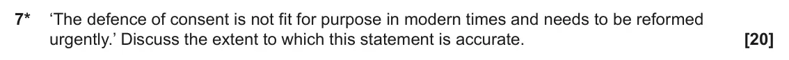 June 2023 Paper 1, question 7: ‘The defence of consent is not fit for purpose in modern times and needs to be reformed urgently.’ Discuss the extent to which this statement is accurate.