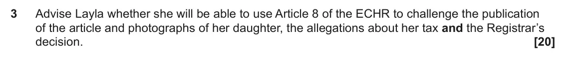 June 2022 Paper 3 (Human rights), question 3: Advise Layla whether she will be able to use Article 8 of the ECHR to challenge the publication of the article and photographs of her daughter, the allegations