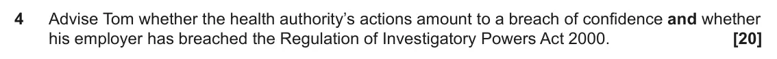June 2022 Paper 3 (Human rights), question 4: Advise Tom whether the health authority’s actions amount to a breach of confidence and whether his employer has breached the Regulation of Investigatory Powers