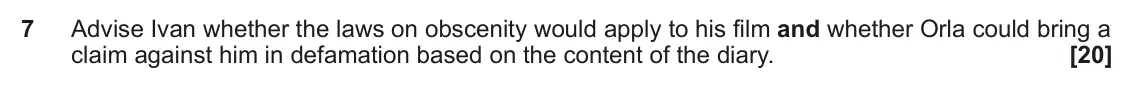 June 2023 Paper 3 (Human rights), question 7: Advise Ivan whether the laws on obscenity would apply to his film and whether Orla could bring a claim against him in defamation based on the content of the dia
