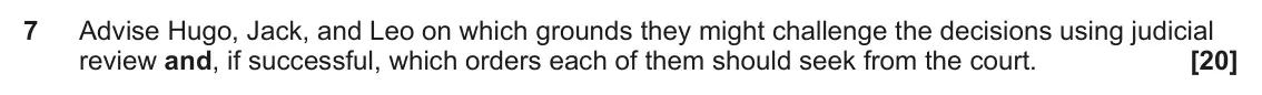 June 2025 Paper 3 (Human rights), question 7: Advise Hugo, Jack, and Leo on which grounds they might challenge the decisions using judicial review and, if successful, which orders each of them should seek f