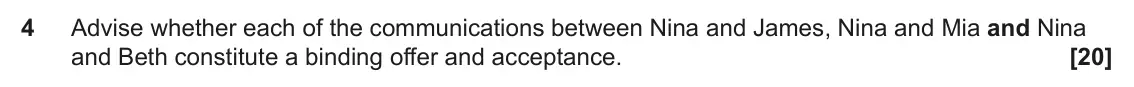 June 2022 Paper 3 (Contract), question 4: Advise whether each of the communications between Nina and James, Nina and Mia and Nina and Beth constitute a binding offer and acceptance.