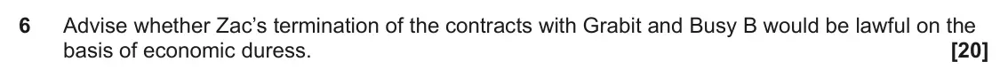 June 2022 Paper 3 (Contract), question 6: Advise whether Zac’s termination of the contracts with Grabit and Busy B would be lawful on the basis of economic duress.