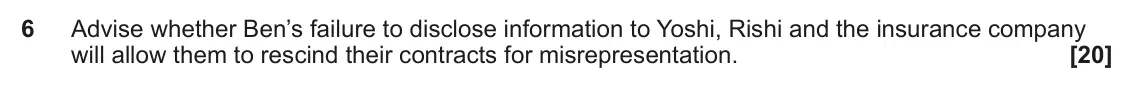 June 2023 Paper 3 (Contract), question 6: Advise whether Ben’s failure to disclose information to Yoshi, Rishi and the insurance company will allow them to rescind their contracts for misrepresentation.