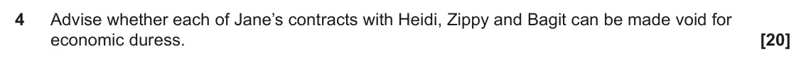June 2024 Paper 3 (Contract), question 4: Advise whether each of Jane’s contracts with Heidi, Zippy and Bagit can be made void for economic duress.